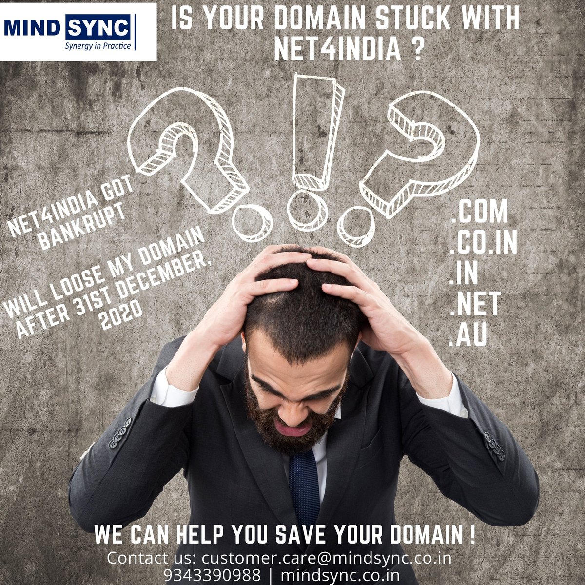 business_sync's tweet photo. If your #Domain Name is with #Net4India, you are going to loose it if you do not move it till 31st Dec, 20

We can help you in saving your Domain name
Contact us: customer.care@mindsync.co.in  9343390988  https://t.co/myLhpAmlxD

#mindsyncindia  #domaintransfer #legalservices https://t.co/7TFtN2iM4s