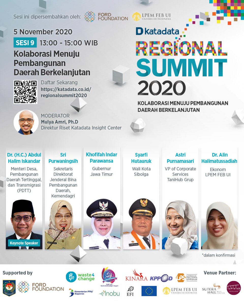 KATADATAcoid's tweet photo. HARI KETIGA REGIONAL SUMMIT 2020 DIMULAI!
Mulai dari pukul 13:00 hingga 18:00 WIB, Sahabat Katadata dapat menyaksikan sesi diskusi daring bertemakan "Kolaborasi Menuju Pembangunan Daerah Berkelanjutan".
Daftarkan diri anda sekarang
https://t.co/dSDVMT3Bas
#regionalsummit2020 https://t.co/sTfEy7AlZR