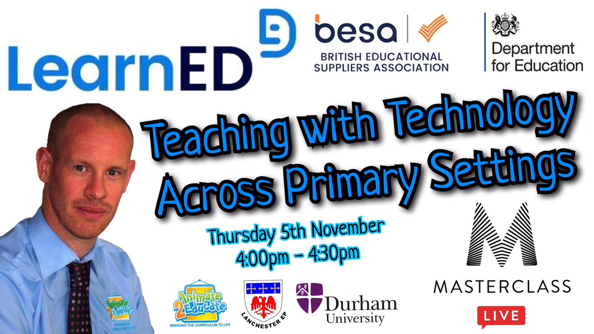 Animate2Educate's tweet photo. Delighted to be delivering ‘Teaching with Technology Across Primary Settings’ live Masterclass for @educationgovuk and @besatweet as part of #LearnEd this evening. You can watch live from 4:00pm - 4:30pm, or catch-up on content later. FREE to register: https://t.co/E0p8nko4bQ https://t.co/TIT1mhBdQU