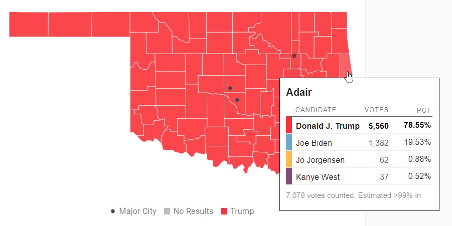 Oklahoma was one of the first states where Kanye made the ballot I think. He has .36% of the vote overall and his best county was Adair. Not really much else to say here
