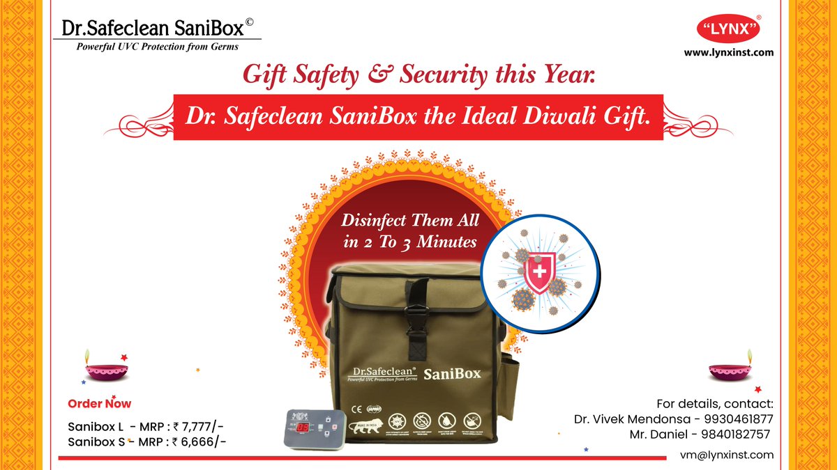 InstrumentsLynx's tweet photo. Gift Safety & Security this Year.
Dr.SafeClean SaniBox the Ideal Diwali Gift.
Visit https://t.co/cEDVpRSQsL
#diwaligifts #Diwali #Diwali2020 #sanatise #disinfect #UvcDisinfection #UvcProtection #NeutralisesBacteria #neutralisesvirus #GermNeutralizingProperties #GermFree https://t.co/6xyBpbn94N