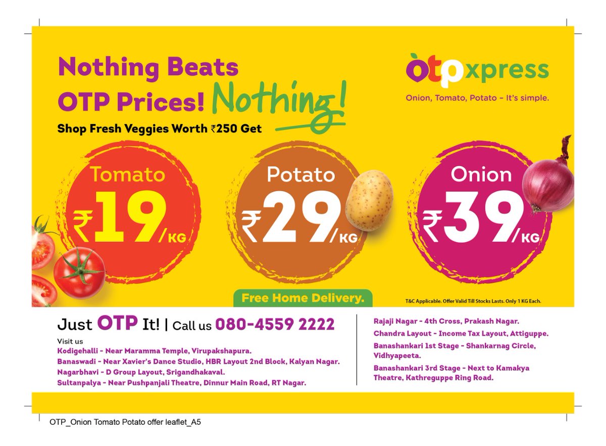 OTP_Xpress's tweet photo. We are now open at Attiguppe. Join us to celebrate on Thursday, November 5th, 2020 from 7 AM to 10 PM
Visit us at https://t.co/9LNfsoH0Gc
Call us at 080-4559-2222 to place the order.
#NewOTPStore,#bangalore,#freshvegetables,#todaysoffer,#Attiguppe,#freedelivery,#lowestprice https://t.co/uQSKcXrCnp