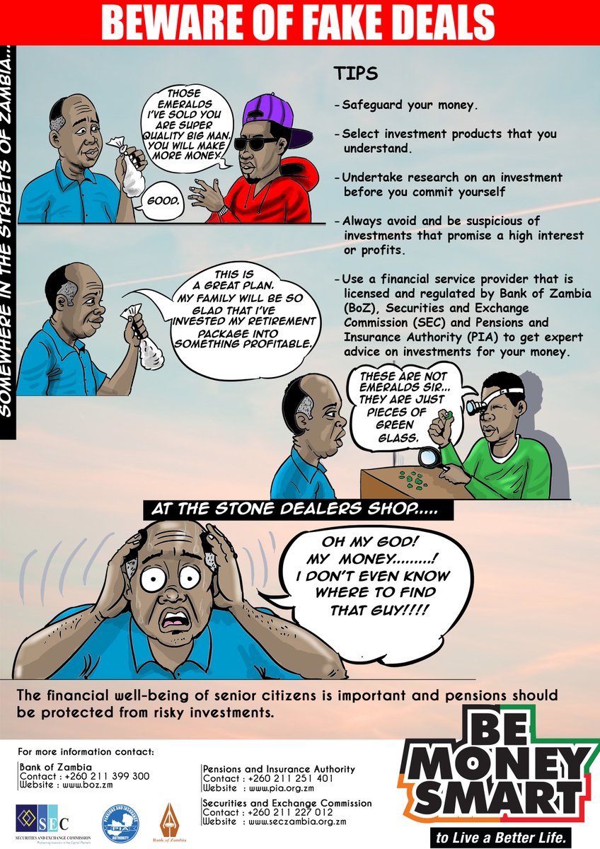 SECZambia's tweet photo. This week we bring you a message on Fake Deals. We are encourage you to do research and only invest in products that you understand. #financialconsumerprotection #SEC #PIA #BOZ
Please follow the link below to take part in our one minute survey: https://t.co/NSI62BCo5b https://t.co/siH7fPBYuL