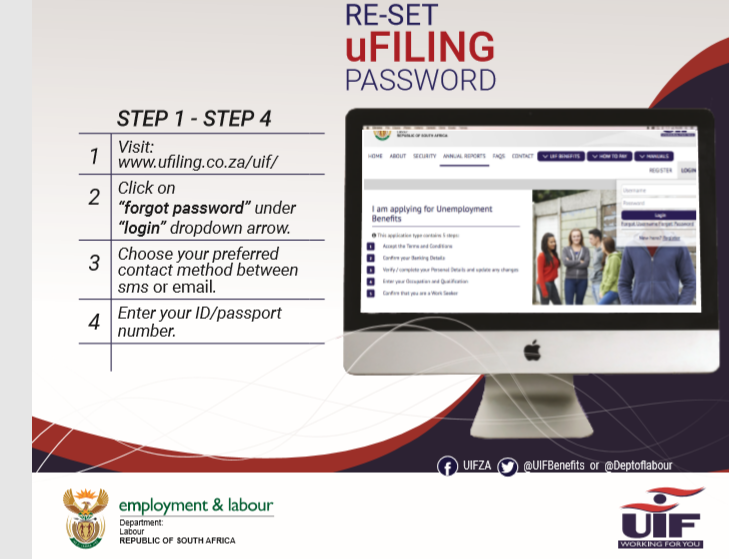 UIFBenefits's tweet photo. Dear clients, please take note of the steps below to re-set your uFiling password - https://t.co/ubDAP3D8am. If your account is LOCKED, please email: ufilingsupport@uif.gov.za. #UIFWorkingForYou https://t.co/Vnmf9lyyba