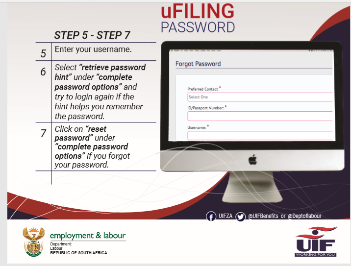 UIFBenefits's tweet photo. Dear clients, please take note of the steps below to re-set your uFiling password - https://t.co/ubDAP3D8am. If your account is LOCKED, please email: ufilingsupport@uif.gov.za. #UIFWorkingForYou https://t.co/Vnmf9lyyba