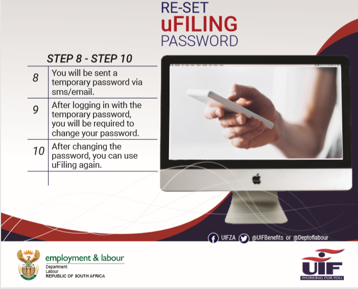 UIFBenefits's tweet photo. Dear clients, please take note of the steps below to re-set your uFiling password - https://t.co/ubDAP3D8am. If your account is LOCKED, please email: ufilingsupport@uif.gov.za. #UIFWorkingForYou https://t.co/Vnmf9lyyba