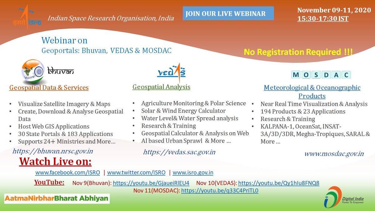 isro's tweet photo. Learn more about our Geoportals: Bhuvan, VEDAS &amp; MOSDAC through the webinar scheduled during November 09-11, 2020 https://t.co/cBVI6qTWgg