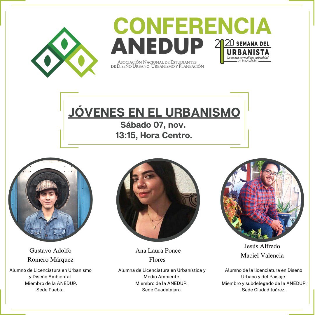 "Jovenes en el Urbanismo" espacio creado por tres de las sedes de la ANEDUP con el objetivo de mostrar y compartir la dinámica y relevancia de la misma red de estudiantes sobre tres contextos diferentes.13:15. (Hora Centro).