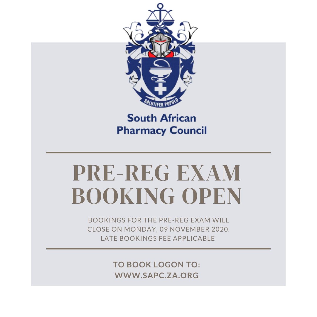 OfficialSAPC's tweet photo. Attention Interns! Bookings for the pre-registration exam are open and will close on Monday, 09 November 2020. Late booking fee applicable. Should you have any query, please do not hesitate to contact the SAPC at Pre-regexamworkshops@sapc.za.org. https://t.co/DKWcGjVSvk