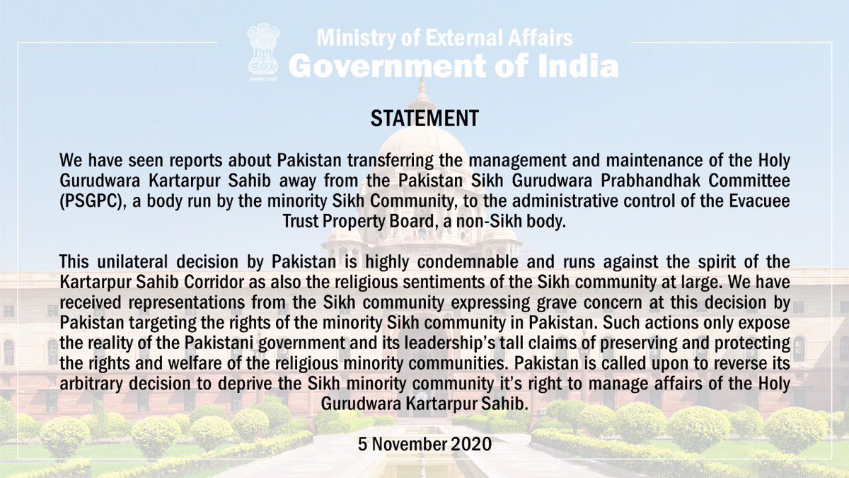 Our statement on reports about Pakistan transferring the management and maintenance of the Holy Gurudwara Kartarpur Sahib