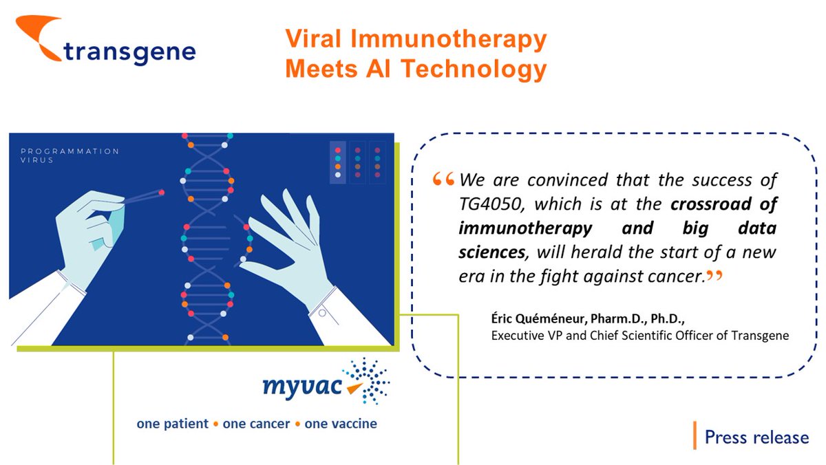 TransgeneSA's tweet image. Our Executive Vice President and Chief Scientific Officer, Eric Quéméneur, Pharm.D., PhD, will present #TG4050 at the virtual 5th Annual #Neoantigen Based Therapies Summit. TG4050 is an individualized therapeutic #vaccine based on our #myvac technology.
#immunotherapy #cancer