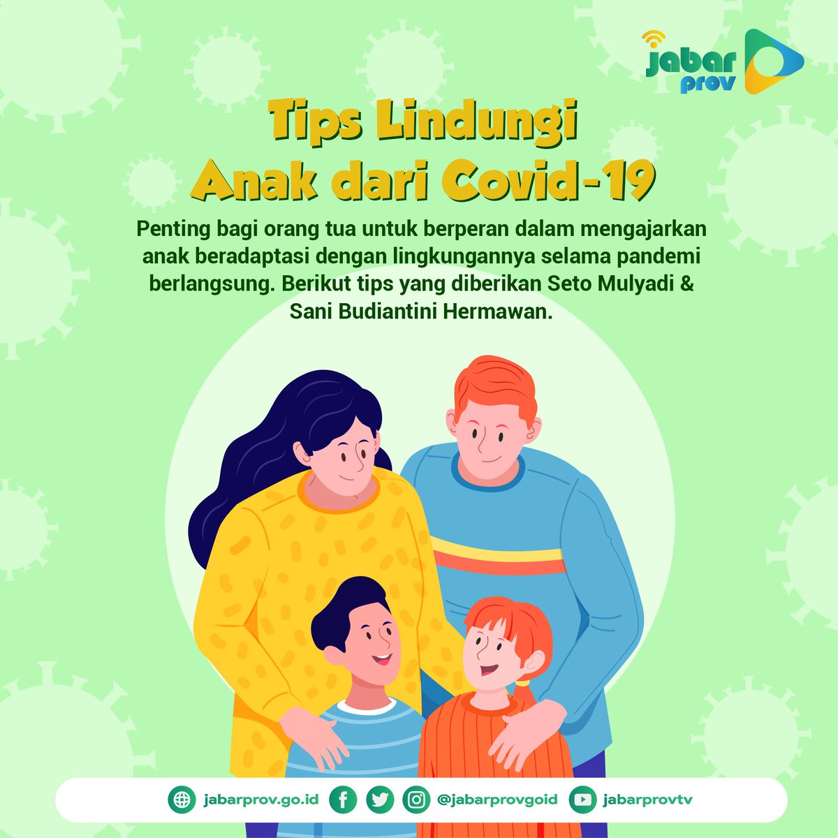 jabarprovgoid's tweet photo. Sampurasun wargi Jabar🤗
COVID-19 ini bisa mengincar siapapun, tua ataupun muda.
Yuk, wargi kita harus lebih berhati-hati lagi dengan terus menerapkan protokol kesehatan

Berikut mimin share tips melindungi anak dari COVID-19.

#JabarTanggapCovid19 #jabarprovgoid https://t.co/bCLA86cjZc