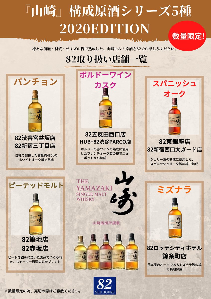 82店舗にて『山崎』の構成原酒シリーズ5種2020EDITIONを本日より