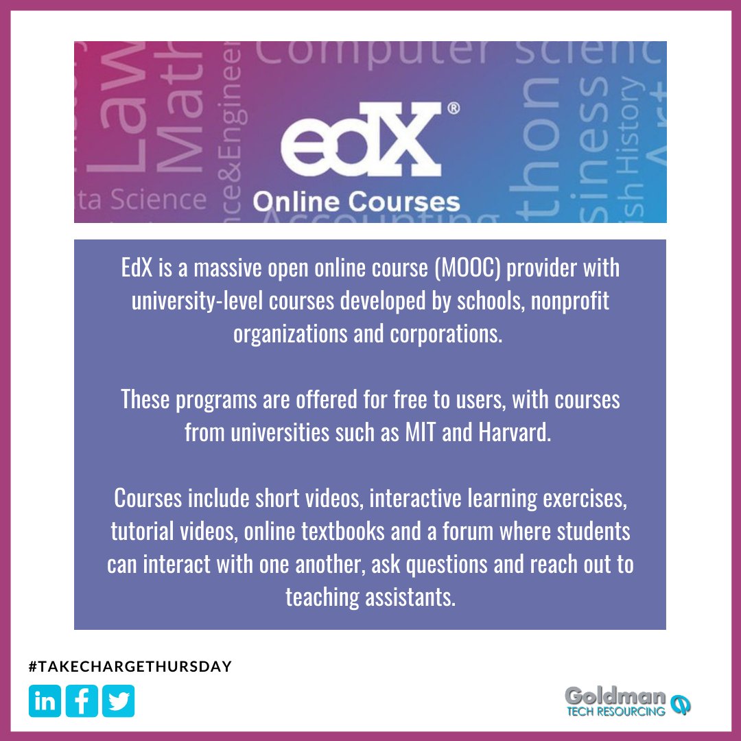 GoldmanGlobal's tweet photo. Happy #TakeChargeThursday! Whether you’re interested in changing the direction of your career, just starting out, trying to beef up your CV or just looking to stay on top of technology trends, any of these online education providers can help you without breaking the bank! https://t.co/YLRoKIIw7U