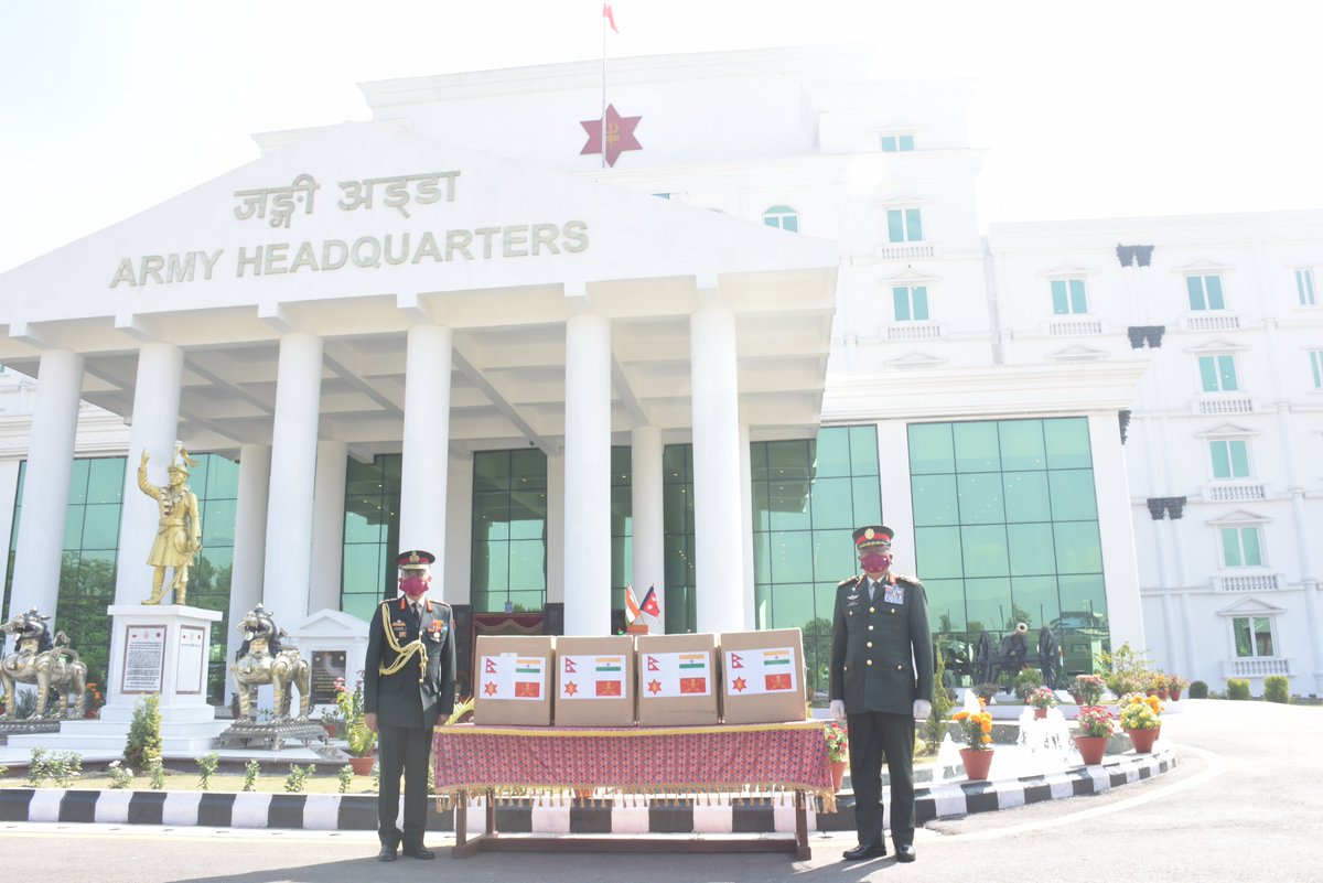 IndiaInNepal's tweet photo. General Naravane #COAS presented medical equipment for two field hospitals of Nepal Army. It includes X-ray machines, ICU ventilators, Video Endoscopy units, anesthesia machines and ambulances. #IndiaNepalFriendship @adgpi @MEAIndia @thenepalesearmy https://t.co/S4AGsfcoNh