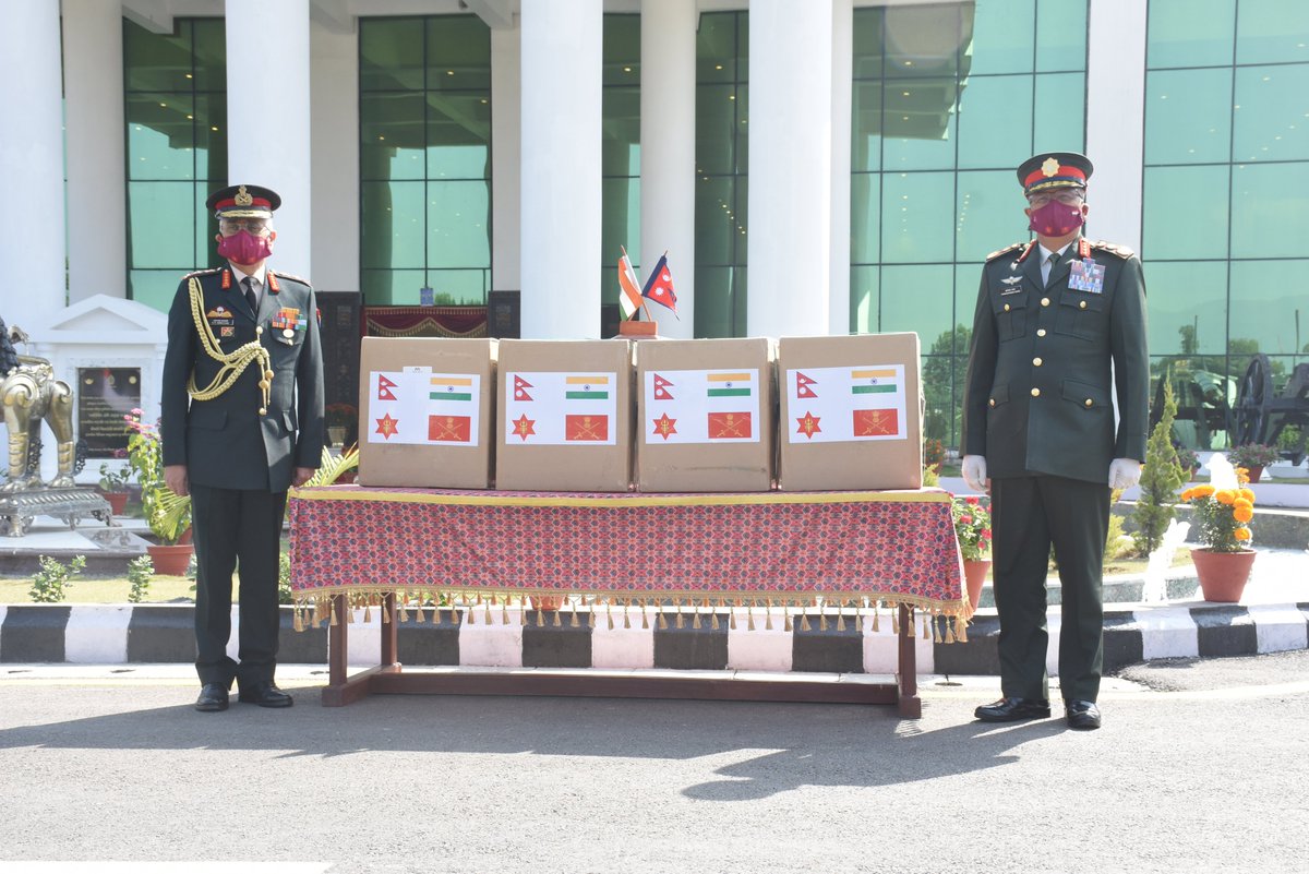 IndiaInNepal's tweet photo. General Naravane #COAS presented medical equipment for two field hospitals of Nepal Army. It includes X-ray machines, ICU ventilators, Video Endoscopy units, anesthesia machines and ambulances. #IndiaNepalFriendship @adgpi @MEAIndia @thenepalesearmy https://t.co/S4AGsfcoNh