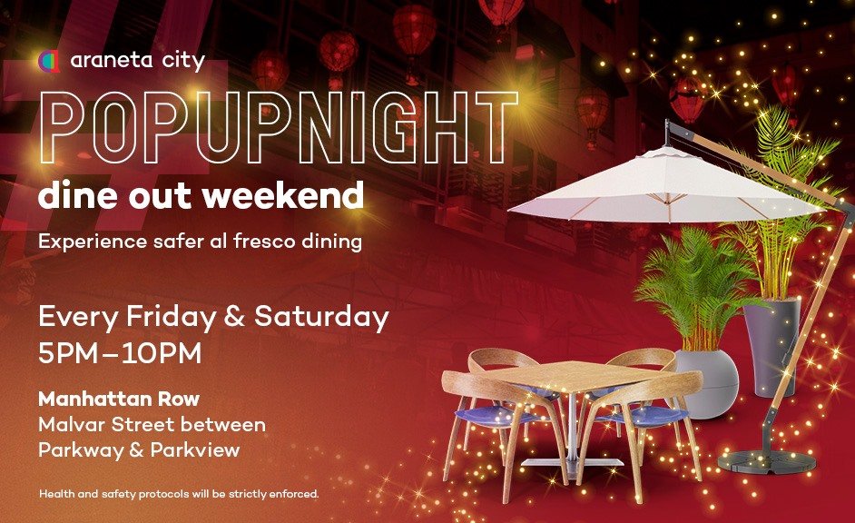 AranetaCity's tweet photo. You better not miss this! 🍽 It's the 4th weekend of our #PopUpNight Dine Out Weekend here in Manhattan Row!
Tag your food buddies and enjoy a meal or two with an al fresco dining set up!
See you all there!
#CityofFirsts #AranetaCity https://t.co/B1FaqS20Tl