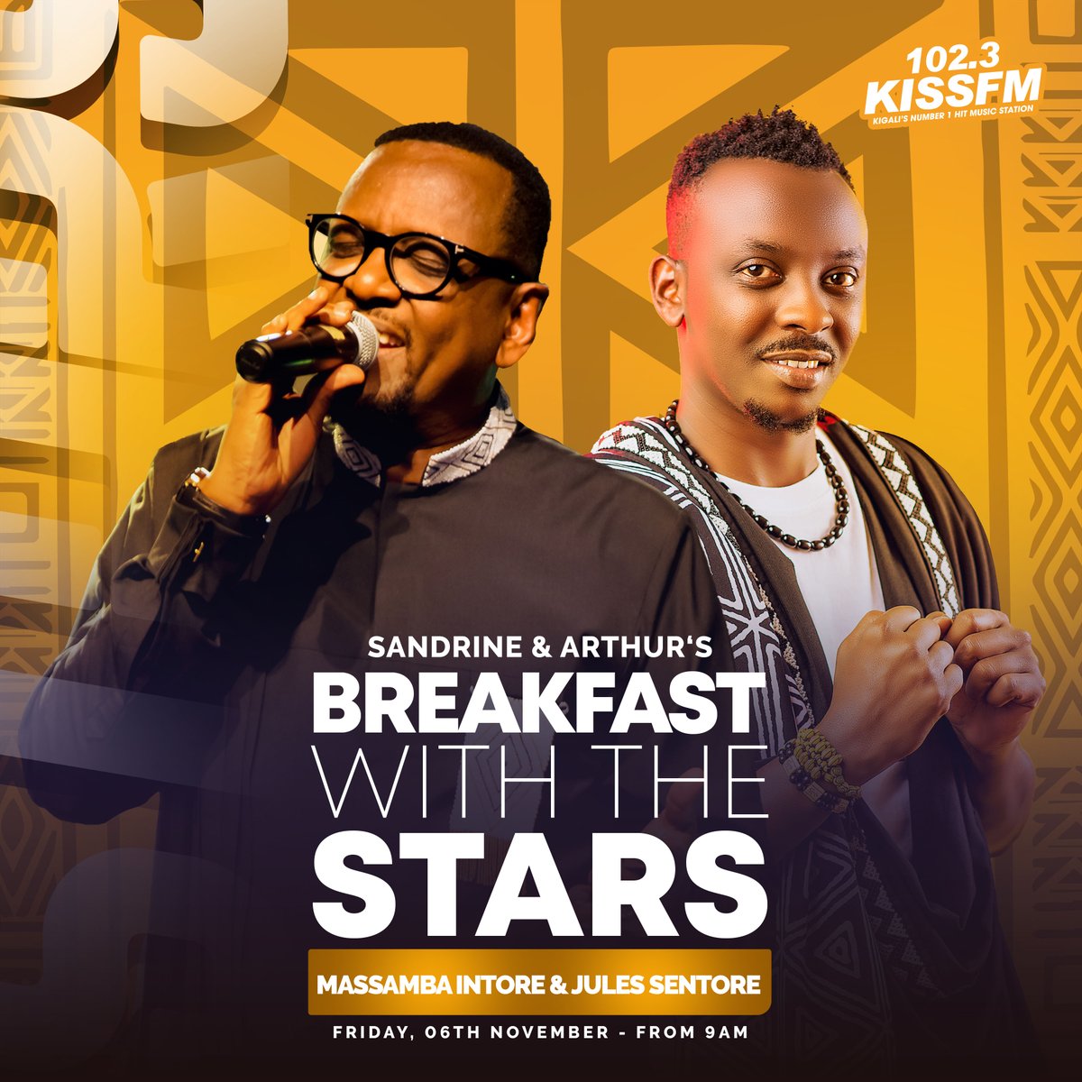 1023KISSFM's tweet photo. Waramutse neza? Ese Witeguye #Breakfastwiththestars ejo? Sandrine na Arthur bazaba bari kumwe na  Masamba Intore na Jules Sentore. Ni iki wifuza kubabaza? #AskBenesentore https://t.co/t5GfAySPAP