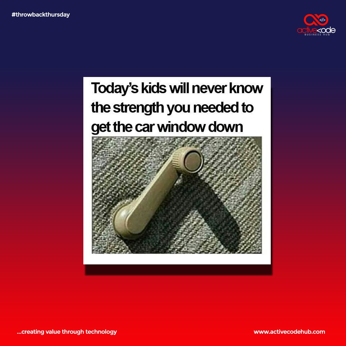 ActivecodeHub's tweet photo. Today's kids will never know the strenght you needed to get the car window down😂😂😂😂😂
Did you experience this era of cars?
#ThrowbackThursday #activecode https://t.co/XtPVR0Ga6q
