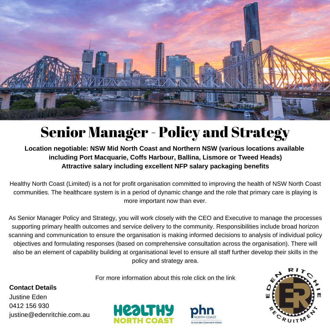 ERRecruitment's tweet photo. Eden Ritchie is seeking a Senior Manager - Policy and Strategy. Fantastic opportunity with a negotiable location of either Port Macquarie, Coffs Harbour, Ballina, Lismore or Tweed
https://t.co/sdX4FAv2GS https://t.co/Qdaq5X2FQi