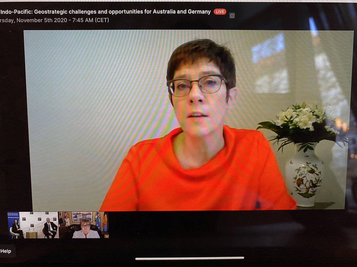 IsabelWeininger's tweet photo. Why #indopacific guidelines? We share interests and values with partners in the region such as #Australia, this is not a pact against somebody... @akk in the Webinar by @ASPI_org and @KASonline #kasaustralia #kasasia @lindareynoldswa is next https://t.co/UN9v6LYlHj