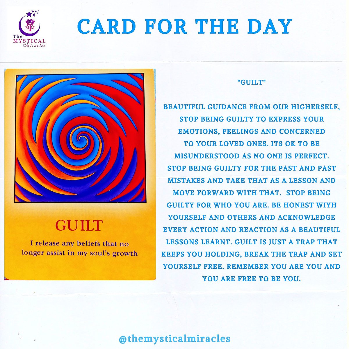 MeghaHKothari1's tweet photo. CARD FOR THE DAY

"GUILT"

#meghahbkothari #themysticalmiracles #cardfortheday #dailyoraclecardreading #dailyoraclecard #dailyguidance #oraclecardreading #oraclecardfortoday #oraclereadersofinstagram #intutiveenergyhealer #psychicreader #spiritualhealer https://t.co/3uewZC6sVM