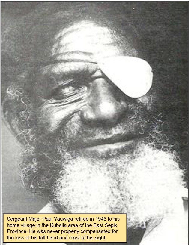 6/8In 17 months he killed 57 enemy troops.June 1945: in jungle, he pulled the pin out of a phosphorous signal grenade. It exploded.No one had shown him how to use it.Yauwiga lost a hand and both eyes.He was evacuated & flown to Australia for emergency cornea transplant op.