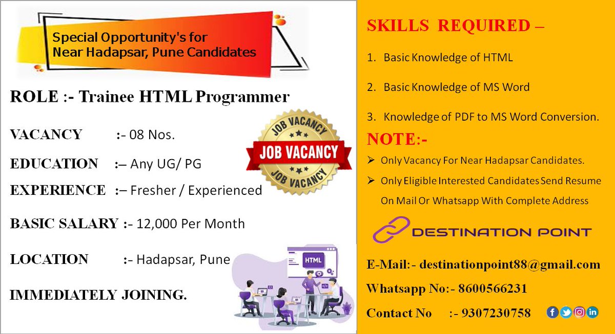 jobinpune's tweet photo. URGENT HIRING For HTML Programmer
#JOB #JOBINPUNE #jobhuting #jobapplications #itjobs #itjobsforfreshers #freshers #freshers2020 #fresherhiring #jobfinder #jobhunters #jobinterview #jobhunt #jobfairs #html5 #htmlcss #htmldeveloper #htmlcoding https://t.co/LXSkqWykHi