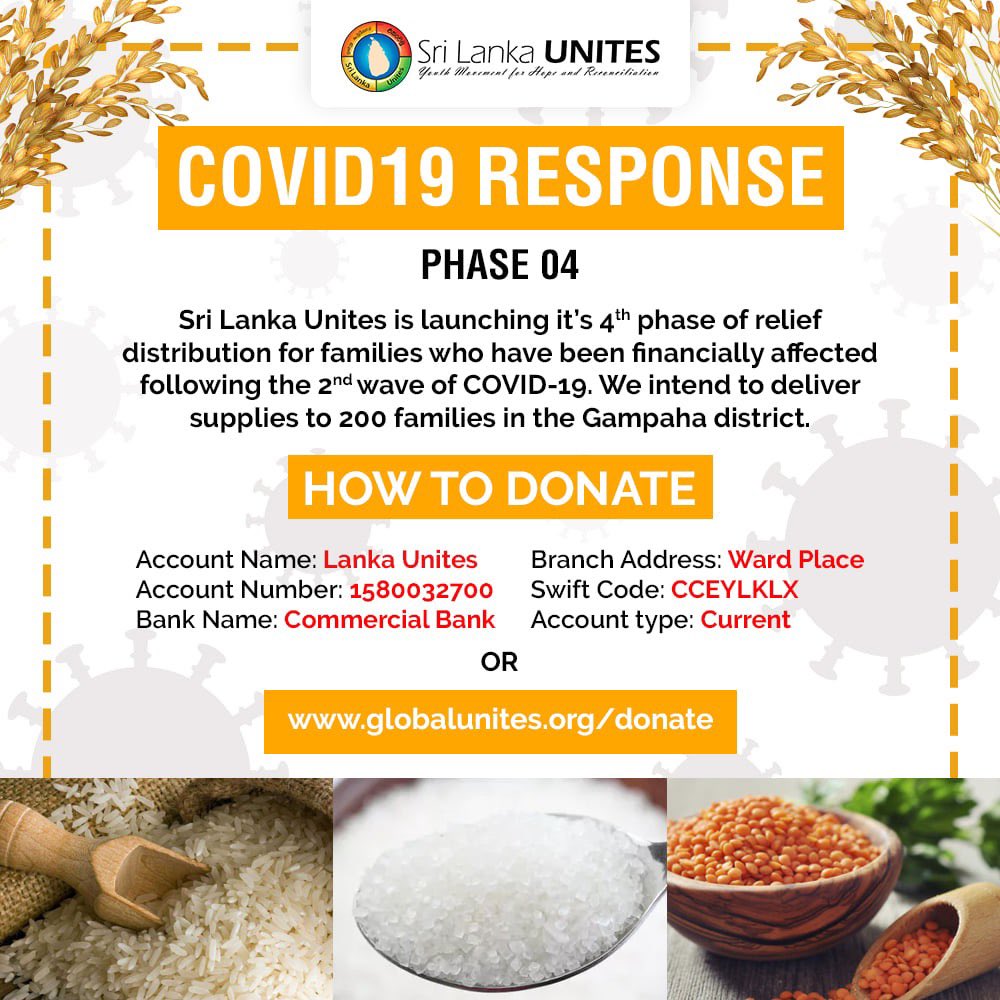 SriLankaUnites's tweet photo. Sri Lanka Unites has begun it's 4th phase of relief distribution for those who have been financially affected by the pandemic. We hope to provide supplies to 200 families in the Gampaha district. 

Please help out by making a donation.

#lka #PandemicResponse https://t.co/6LSv2JvvtO