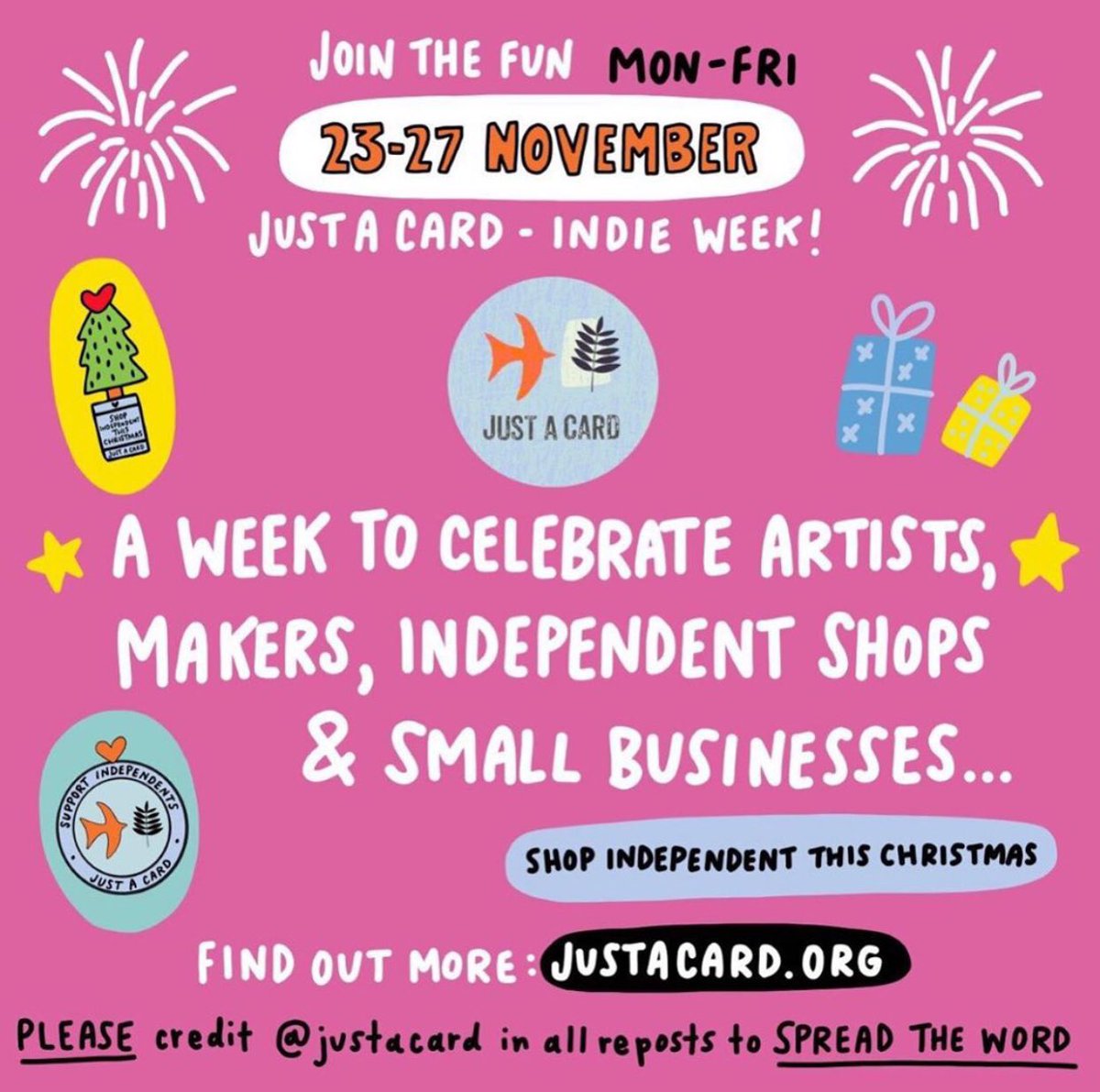 <a href="/andrewdunning/">Andrew Dunning</a> We are very concerned about loads of the small businesses, shops, artists and makers who are struggling at the moment tbh. 😢 We’re working hard on preparations for INDIE WEEK  (23 - 27 Nov) to highlight how important it is to support them. All info JUSTACARD.ORG 👇