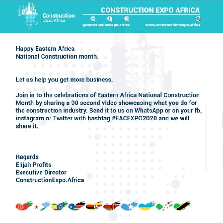 kingori_karen's tweet photo. Good morning and Happy EA National Construction Month.

Join in on the  Construction Celebrations all over Eastern Africa.  
#EACEXPO2020, positioning Eastern Africa to Development
@kmme_rwanda https://t.co/0SKftJ7PHu