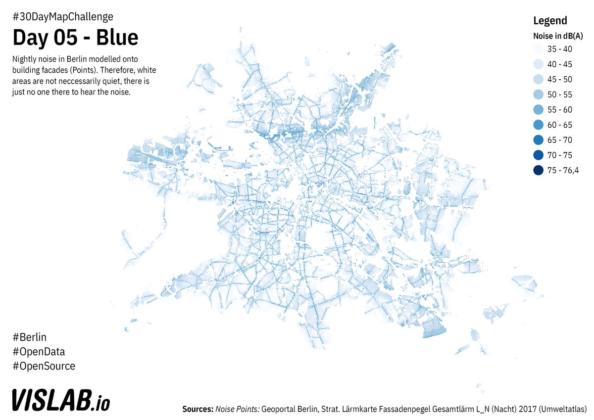 Day 5 of  #30DayMapChallenge : Blue. Nightly noise levels in Berlin. The model projects noise onto residentialish buildings. White areas are not quiet, just no one living there to hear the noise. Some noisy areas in those white voids, like airports. Code  https://github.com/sebastian-meier/ThirtyDayMapChallenge2020/tree/main/maps/05