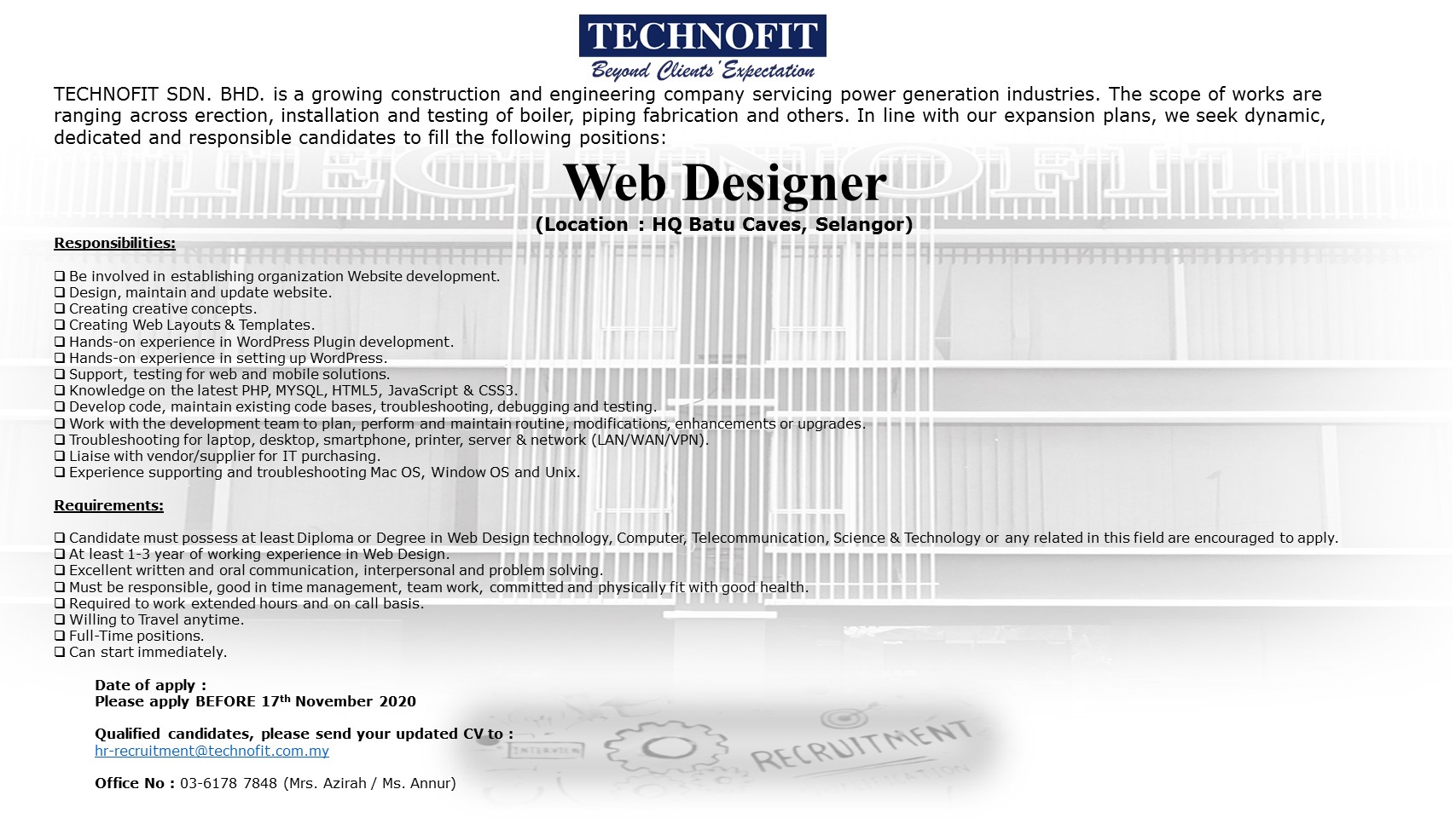 Technofit On Twitter We Re Hiring Technofit Sdn Bhd Gombak Selangor Web Designer For Interested Candidates Please Email Your Latest Resume To Hr Recruitment Technofit Com My Before 17 11 2020 Come And Join Us Infokerjaya Twt Kerja Sebarkerja