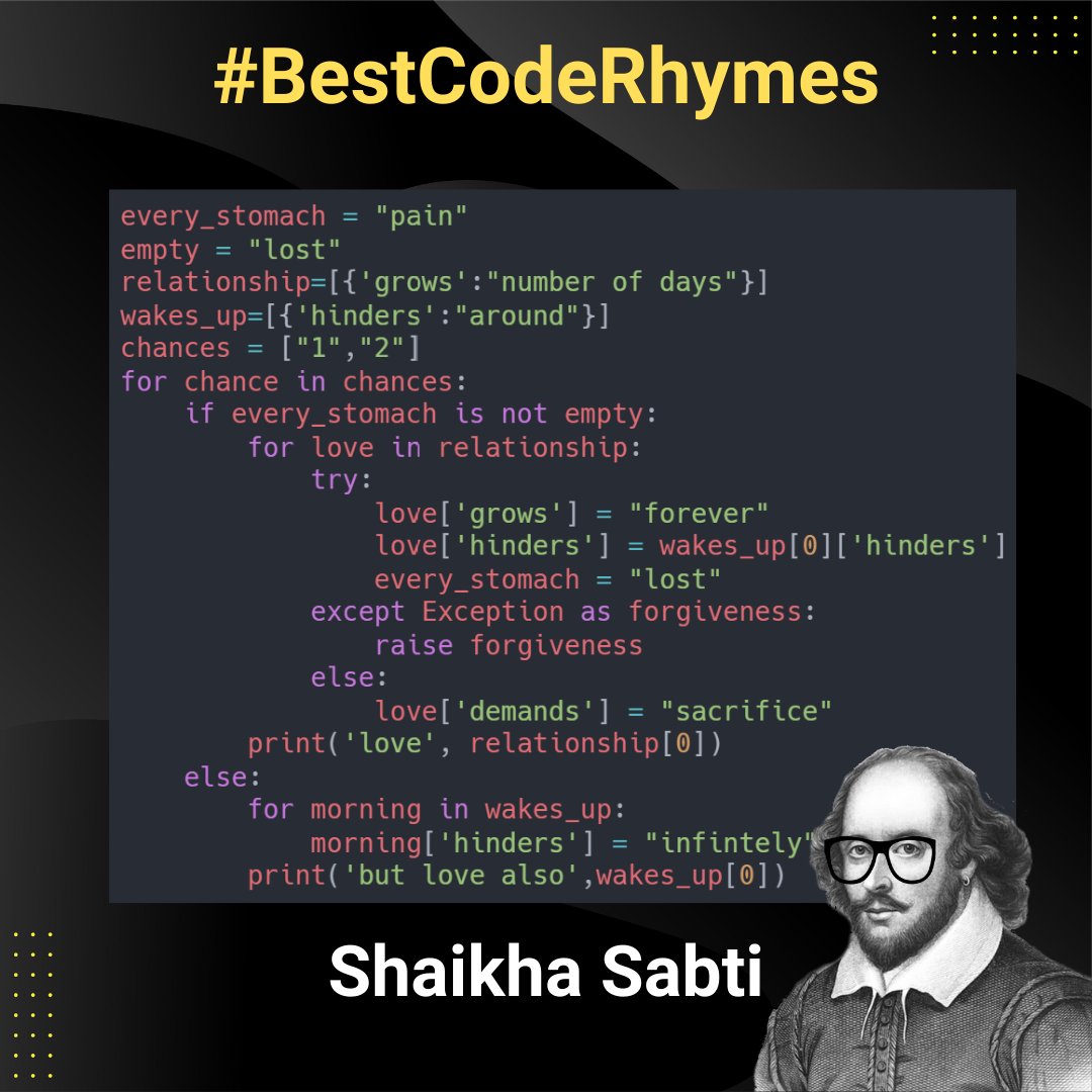 poetry_code's tweet photo. 5 days left! If you have your submission send it to us now! >> https://t.co/YQS1KrQgiJ
Today's submission came from Kuwait. We would give a big plus to this poem for code producing a very meaningful output! It's a really nice and romantic text. Thanks, 
@WriteForShai
! https://t.co/saogJ4y9Bt