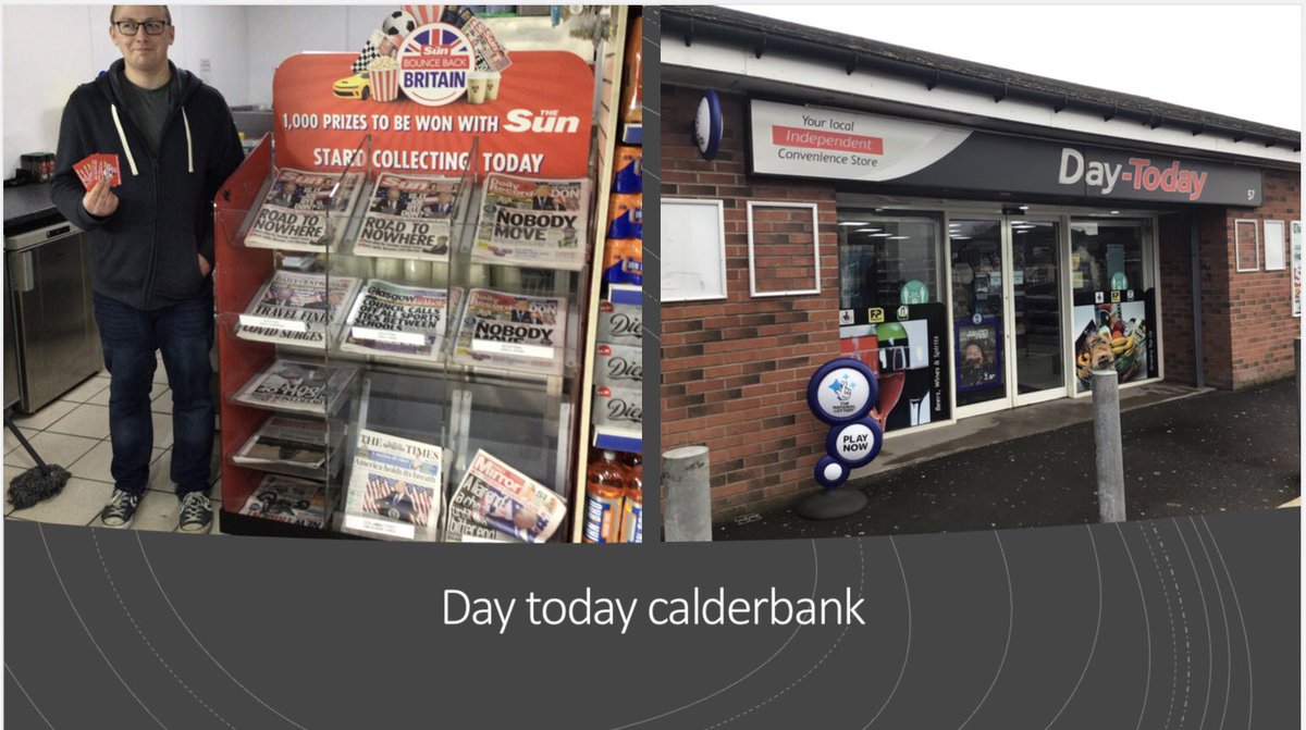 ClaireNewsuk's tweet photo. Want to win The Sun for a whole year? This is just one of over 1,000 prizes up for grabs with @ScottishSun campaign. Pick up your loyalty card #daytoday #calderbank 🗞🗞#BounceOffChallenge @NewsUKRetail @Chris_HughesNUK https://t.co/BSCuGR5jSh