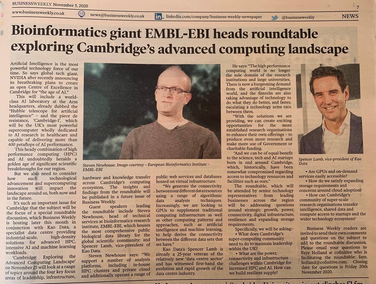 Kao Data (@kaodatadc) on Twitter photo Looking forward to this upcoming roundtable hosted by <a href="/businessweekly/">Business Weekly</a>'s chief exec <a href="/Tonyquested/">Tony Quested</a> with guest speakers <a href="/emblebi/">EMBL-EBI</a>'s Steven Newhouse and our Vice President <a href="/Spencer_lamb/">Spencer Lamb</a>
#KaoInCambridge #HPC #exascale #AI #lifesciences #BigData #BigDataAnalytics #Cambridge #Tech Looking forward to this upcoming roundtable hosted by <a href="/businessweekly/">Business Weekly</a>'s chief exec <a href="/Tonyquested/">Tony Quested</a> with guest speakers <a href="/emblebi/">EMBL-EBI</a>'s Steven Newhouse and our Vice President <a href="/Spencer_lamb/">Spencer Lamb</a>
#KaoInCambridge #HPC #exascale #AI #lifesciences #BigData #BigDataAnalytics #Cambridge #Tech