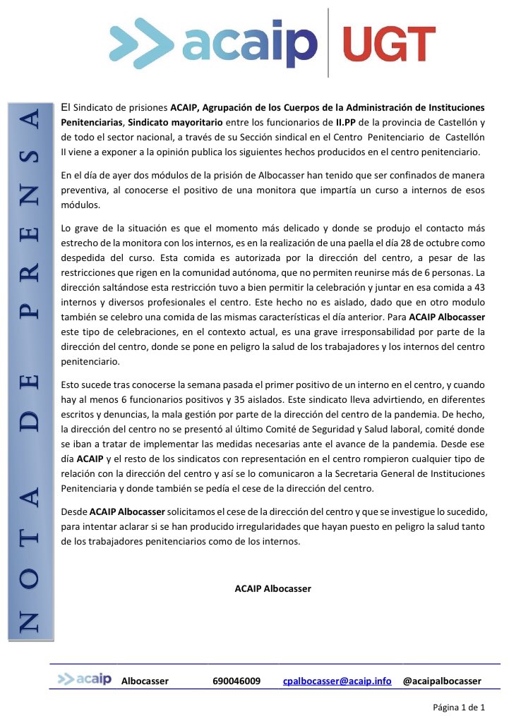 acaipalbocasser's tweet photo. @IIPPGob Que celebraba con una paella y 43 internos la dirección de Albocasser? Con la que está cayendo y alguno tiene ganas de celebraciones. IRRESPONSABLES https://t.co/SfoB6vo5gA
