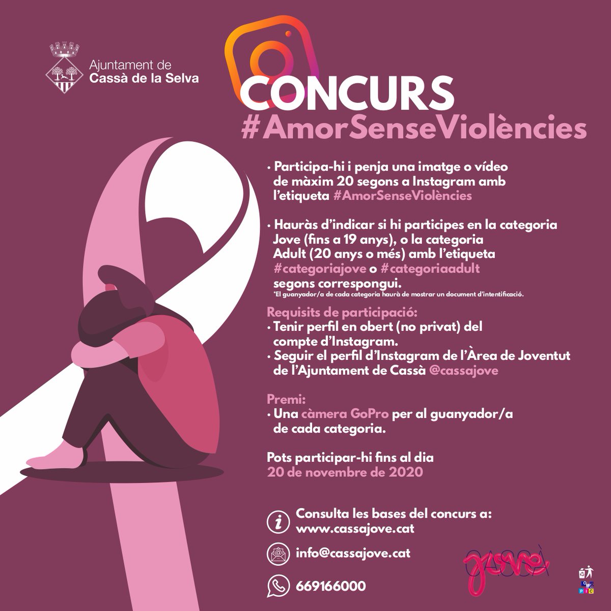 CassaJove's tweet photo. Participa en el concurs #AmorSenseViolències
Publica una foto o vídeo de màxim 20 segons a Instagram amb l'etiqueta #AmorSenseViolències per expressar el rebuig cap a la violència envers les dones.
Podràs guanyar una GoPro! 
Consulta les bases a: https://t.co/NI7bUSmNmI
@ajcassa https://t.co/KpMx8Bxwr0