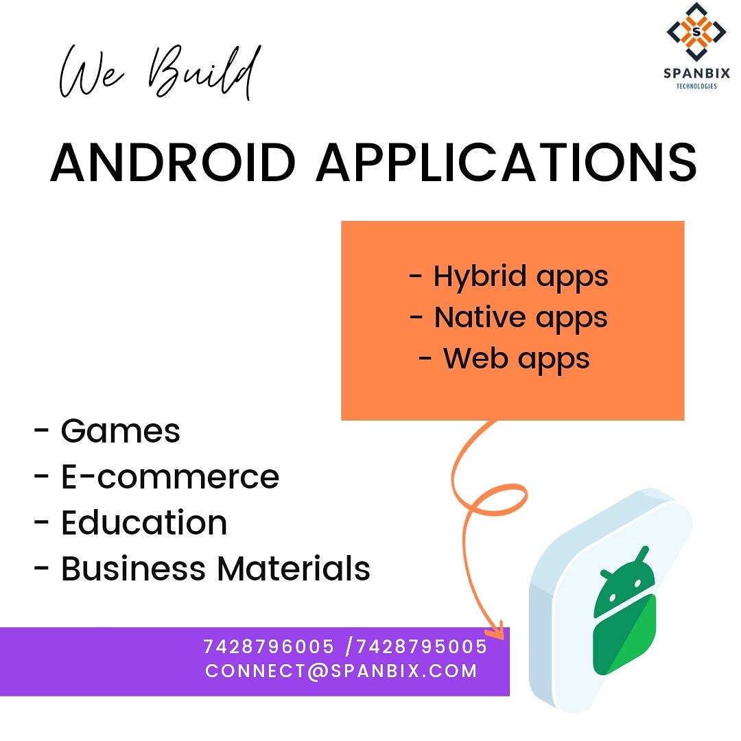 spanbix's tweet photo. We Build ANDROID APPLICATIONS

- Hybrid apps
- Native apps
- Web apps

Categories

- Games
- E-commerce
- Education
- Business Materials

Contact SPANBIX now
7428796005 /7428795005

Connect@spanbix.com 

 #appdevelopment #webapplication #appdevelopers #androidapp #androidapps https://t.co/SKLdUkdmZS