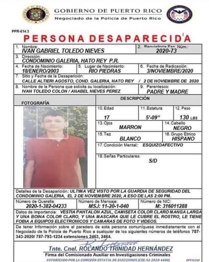 🔴Este adolescente de 17 años está desaparecido desde el 2 de noviembre. Se llama Ivan Gabriel Toledo. Si lo has visto, llama al 939-257-1579