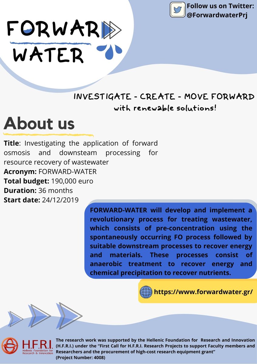 ForwardwaterPrj's tweet photo. The @ForwardwaterPrj  project is part of the "1st call for the support of Greek Faculty Members and Researchers" and is supported by @ELIDEK_HFRI. It' s coordinated by @Simos_Malamis  and the Sanitary Engineering Laboratory of @ntua.
#FORWARDWATER
#circulareconomy https://t.co/bxjoO7oZvS
