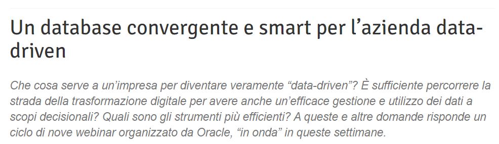 OracleItalia's tweet photo. Un #database convergente e smart per l’azienda #datadriven | Su @ictBusinessIT Stefano Bucci, #Technology Solution Architect Director di #Oracle, racconta i temi chiave di #TechX, il nuovo ciclo di #webinar Oracle, “in onda” in queste settimane. 
👉https://t.co/F6VvotqiOI https://t.co/9GGmolkhcB