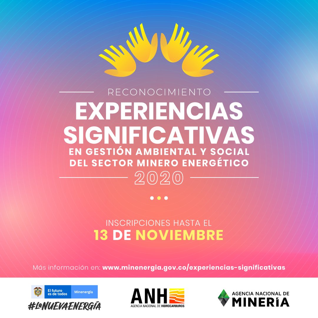 ANHColombia's tweet photo. #ATENCIÓN
Hasta el 13 de noviembre se encuentra abierta convocatoria para la 3ra versión de Experiencias Significativas en Gestión Ambiental y Social del Sector Minero Energético.
Más info: https://t.co/FGX1EhAggP https://t.co/F3UTcTHxgJ