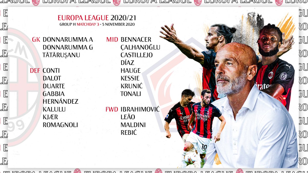 acmilan's tweet photo. #UEL 🏆 #ACMLOSC 🔜
The squad to face Lille 📋
I 23 convocati per la sfida di stasera 📋
#SempreMilan https://t.co/aiDlmsUlgK