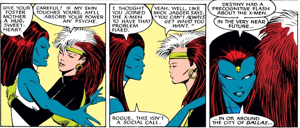 While Friedan is wary of domestic servitude, she maintains that a woman choosing family/motherhood is great, so long as it is indeed a choice, and to this point we do see some strong domestic relationships in Mystique’s portrayal, perhaps moreso for being unconventional. 5/6