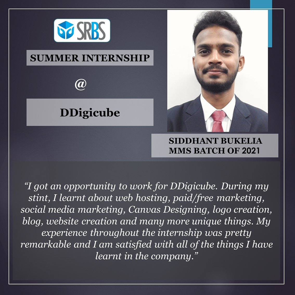 Read Siddhant Bukelia's Summer Internship Experience at Ddigicube. 
.
.
.
.
.
#srbs #sgrfoundation #rahejaacademia #coursera #coursecompletion #digitalmarketing
#marketinganalysis
#congratulations