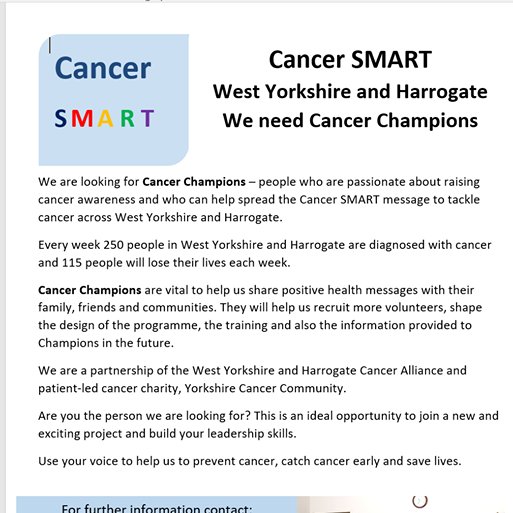 WYHCanAlliance's tweet photo. We're working with our colleagues @YCC_info to recruit Cancer Champions to help spread our Cancer SMART messages about potential signs and symptoms, and importance of screening, along with other important information. Could you fit the bill? More information below #CancerSMART https://t.co/ZUU7uajRcP