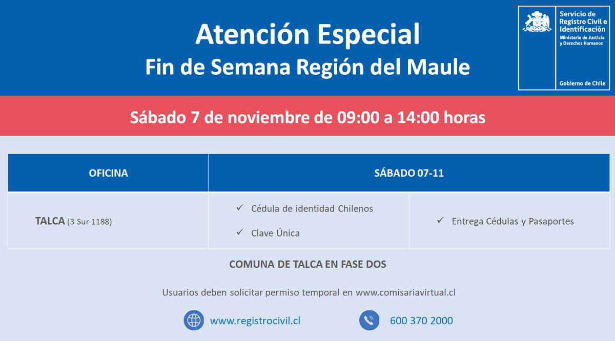 ATENCIÓN📢

Este sábado 7 de noviembre, las siguientes oficinas del 
<a href="/RegCivil_Chile/">Registro Civil e Identificación - Chile</a> en la Región del Maule atenderán de 9 a 14 hrs. 

#TALCA #CURICÓ

Más información de trámites y fechas de sábados. 👇

<a href="/RegCivil_Chile/">Registro Civil e Identificación - Chile</a>
@IntendenciaVII
<a href="/minjudhhmaule/">@minjudhhmaule</a>