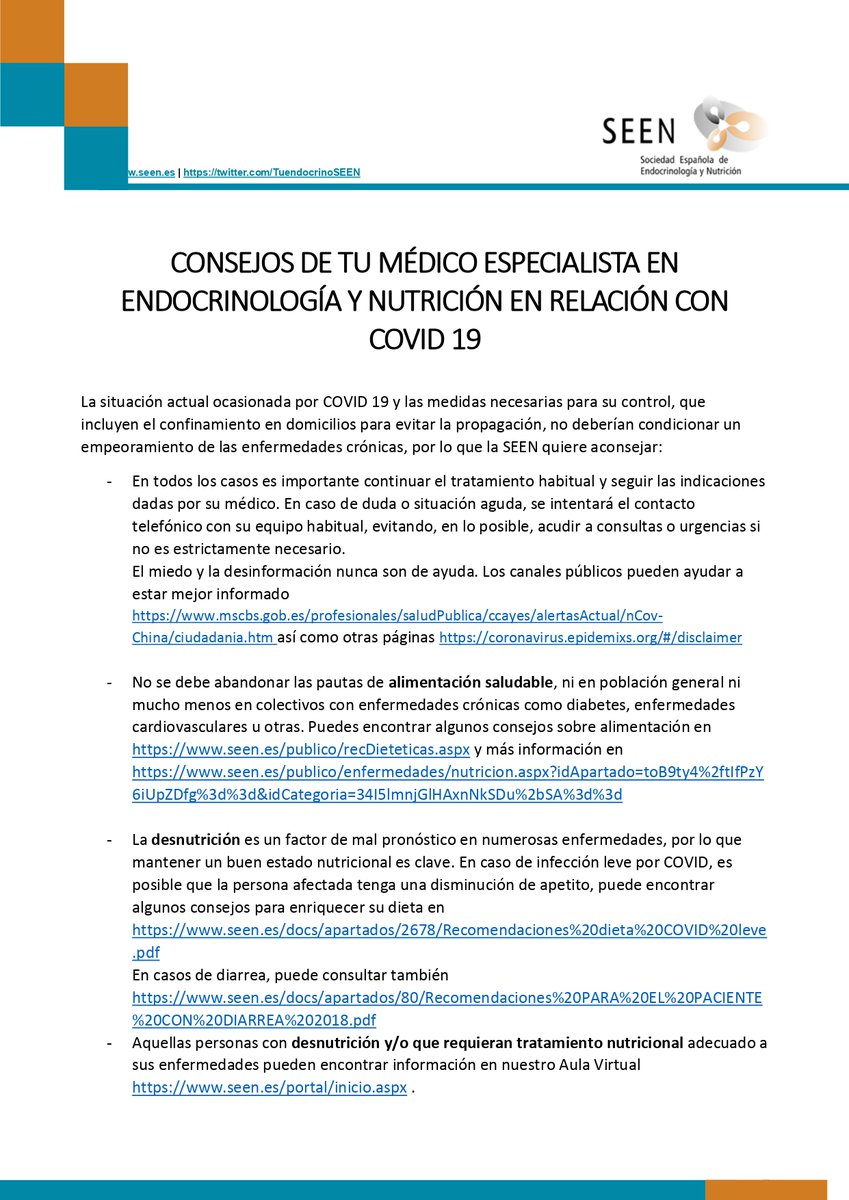 TuendocrinoSEEN's tweet photo. Recuerda los Consejos de tu médico especialista en endocrinología y nutrición en relación con COVID 19
@sociedadSEEN 
▶Mantén una alimentación saludable
▶Realiza ejercicio físico
*La desnutrición: factor de mal pronóstico en la enfermedad por #covid19
https://t.co/lDtW9AlodM https://t.co/iIZuSoF1cU