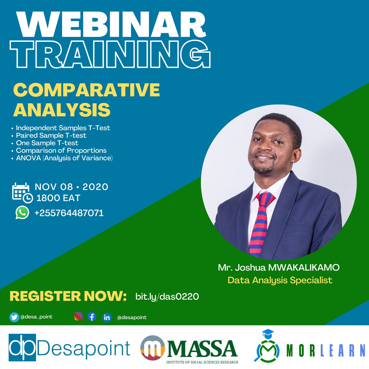 Desa_point's tweet photo. When you want to compare two groups or one group over time, in statistics you may use comparative analysis.

Join a Webinar with Joshua MWAKALIKAMO, a data analysis specialist who will take you through the analysis methods.

8/11/2020, 18:00 EAT

Sign Up: https://t.co/l4tY52wTHB https://t.co/fqjY3LHWKc